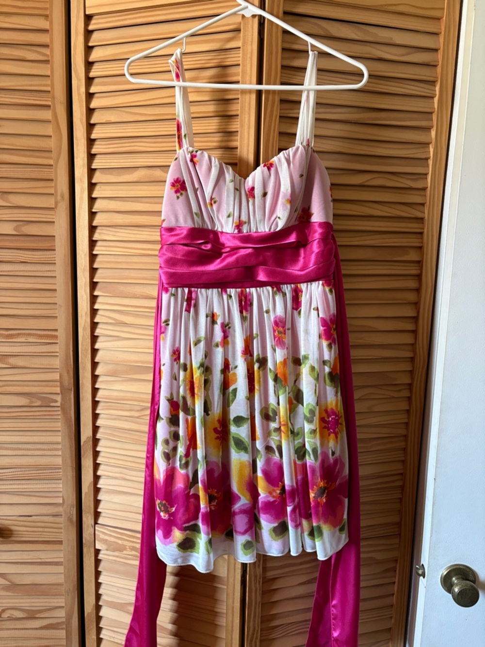 Girls Pink Floral Party Dress with Fuchsia Sash